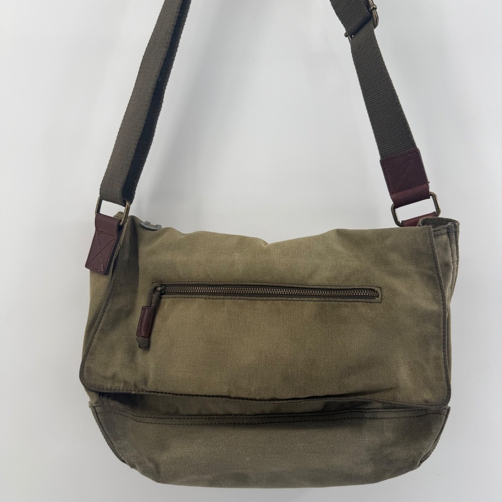 Lucky Brand Y2K Canvas Messenger Bag Olive Green Crossbody Leather accent